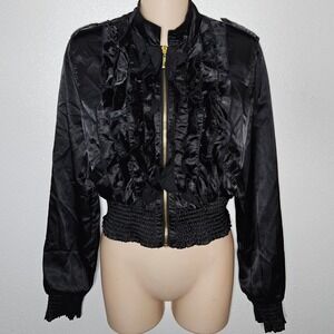 XXI Forever 21 Black Satin Ruffle Bomber Jacket Smocked Waist